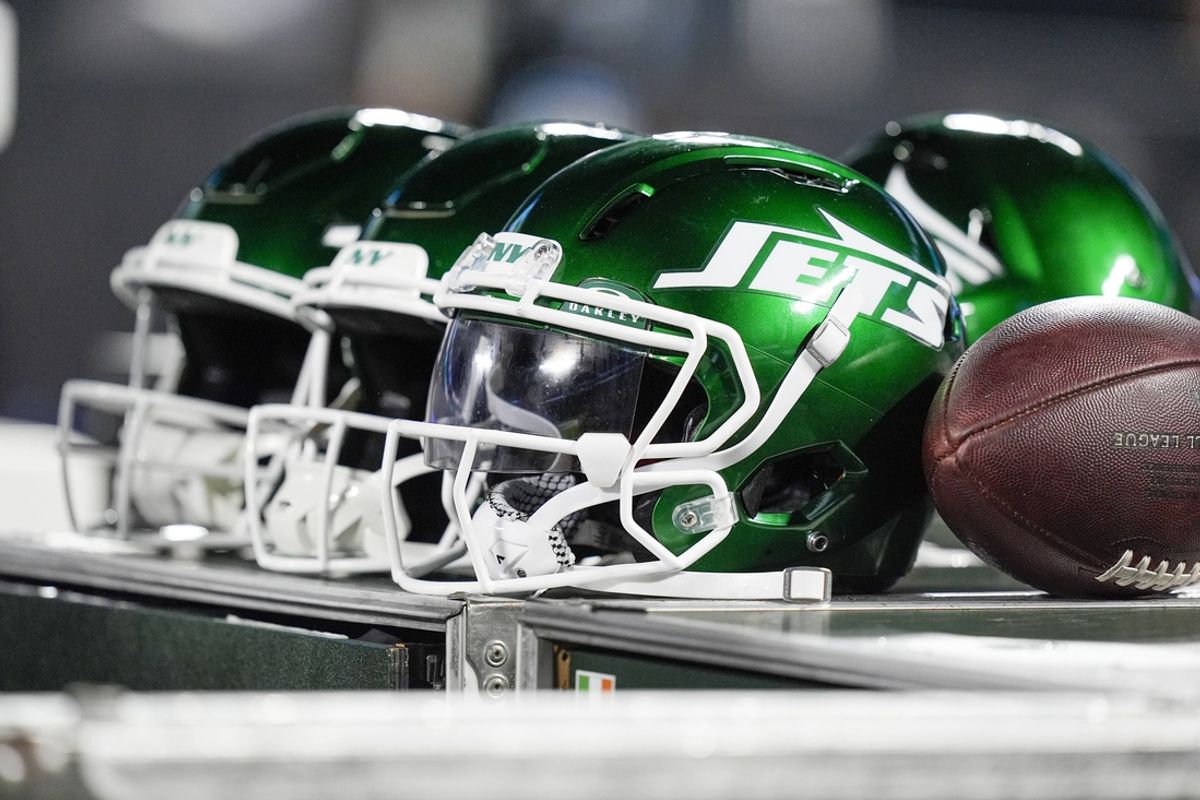Aug 17, 2024; Charlotte, North Carolina, USA; New York Jets helmets during the second half against the Carolina Panthers at Bank of America Stadium. Mandatory Credit: Jim Dedmon-Imagn Images