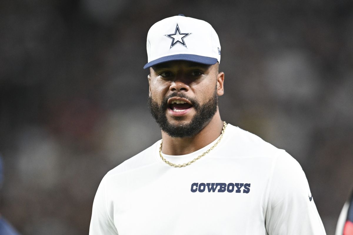 Aug 17, 2024; Paradise, Nevada, USA; Dallas Cowboys quarterback Dak Prescott (4) looks on from the sideline in the third quarter against the Las Vegas Raiders at Allegiant Stadium. Mandatory Credit: Candice Ward-Imagn Images