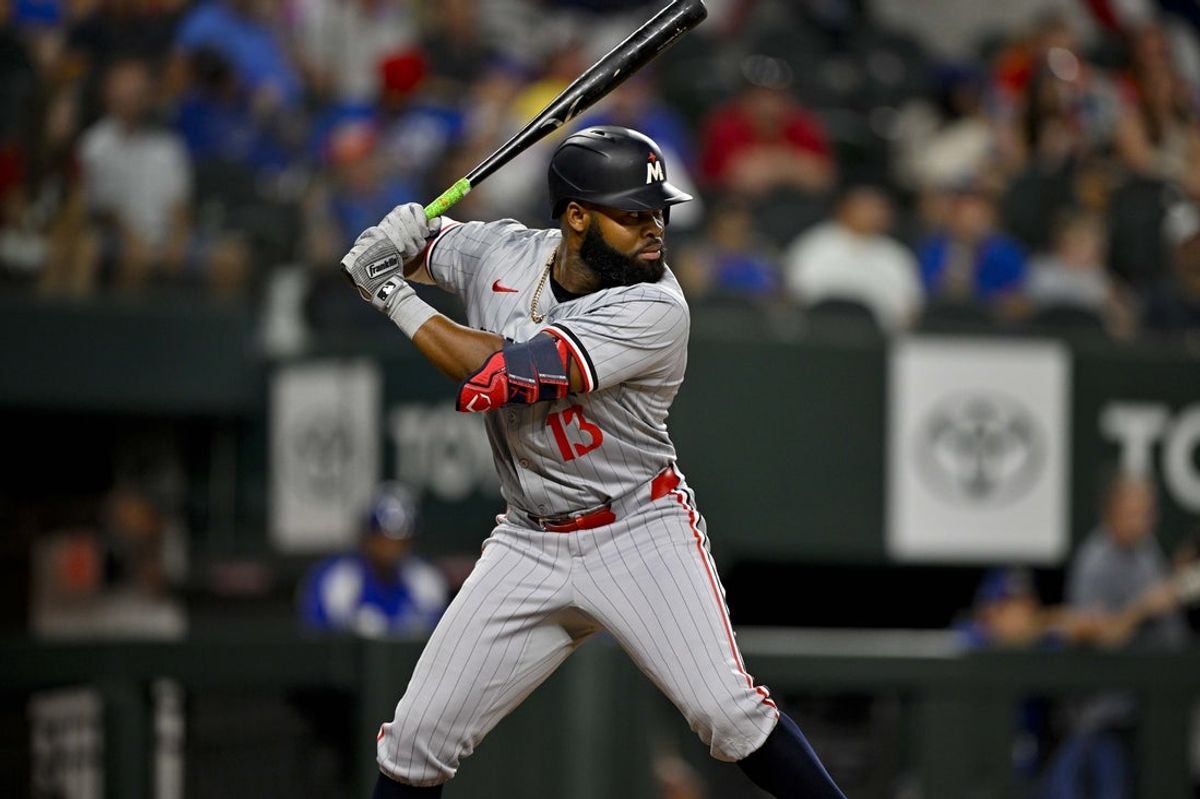 Aug 15, 2024; Arlington, Texas, USA; Minnesota Twins left fielder Manuel Margot (13) in action during the game between the Texas Rangers and the Minnesota Twins at Globe Life Field. Mandatory Credit: Jerome Miron-Imagn Images