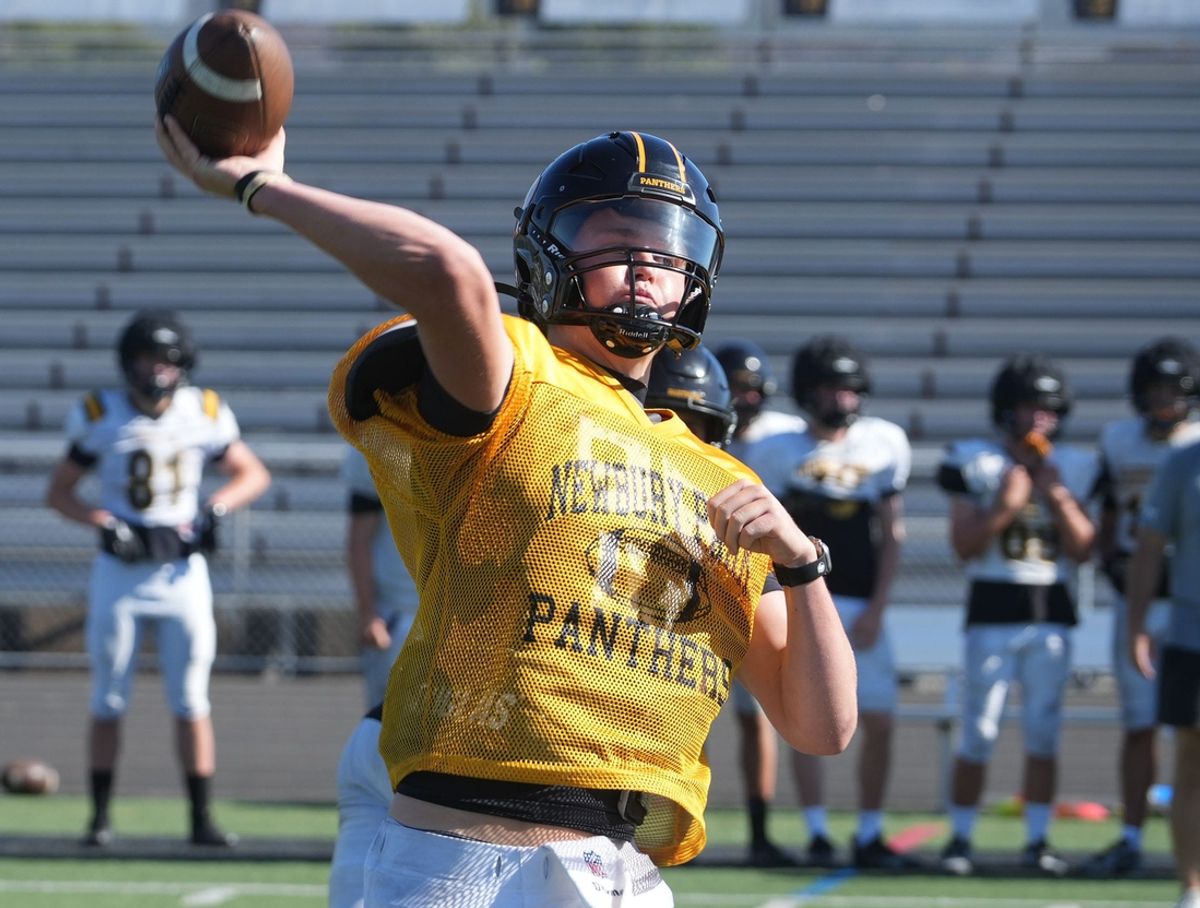 Newbury Park High junior quarterback Brady Smigiel fires a pass during a practice on Friday, Aug. 16, 2024. After setting county single-season (52) and career TD passes (98) as a sophomore, Smigiel will lead a powerful Panthers offense in the newly formed Conejo Coast League.