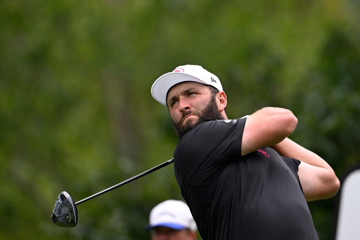 Aug 18, 2024; Greenbrier, West Virginia, USA;  Jon Rahm on the 2nd hole at The Old White at the Greenbrier. Mandatory Credit: Bob Donnan-Imagn Images