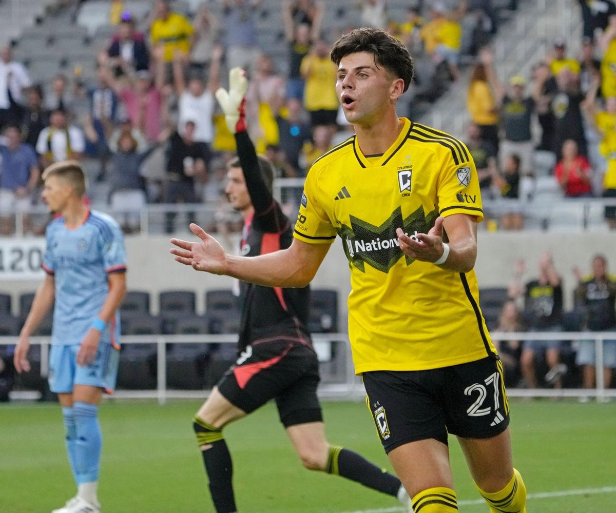 August 17, 2024; Columbus, Ohio, USA; 
Columbus Crew forward Max Arfsten (27) protests a call during the second half of a Leagues Cup quarterfinal match against New York City at Lower.com Field.