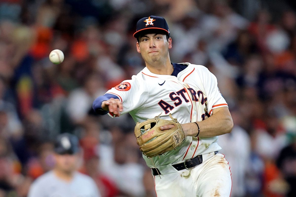 Aug 18, 2024; Houston, Texas, USA; Houston Astros third baseman Shay Whitcomb (10) throws a fielded ball to first base for an out against the Chicago White Sox during the sixth inning at Minute Maid Park. Mandatory Credit: Erik Williams-Imagn Images
