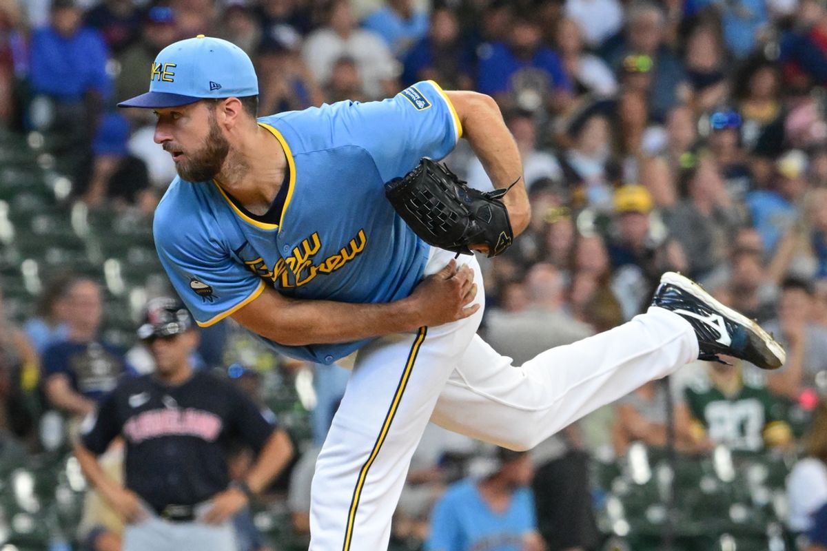 Aug 18, 2024; Milwaukee, Wisconsin, USA; Milwaukee Brewers starting pitcher Colin Rea (48) pitches in the sixth inning against the Cleveland Guardians at American Family Field. Mandatory Credit: Benny Sieu-USA TODAY Sports