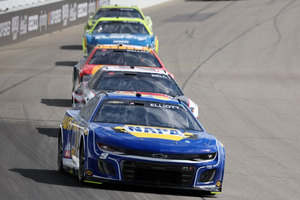 Aug 18, 2024; Brooklyn, Michigan, USA; NASCAR Cup Series driver Chase Elliott (9) during the FireKeepers 400 at Michigan International Speedway. Mandatory Credit: Mike Dinovo-USA TODAY Sports