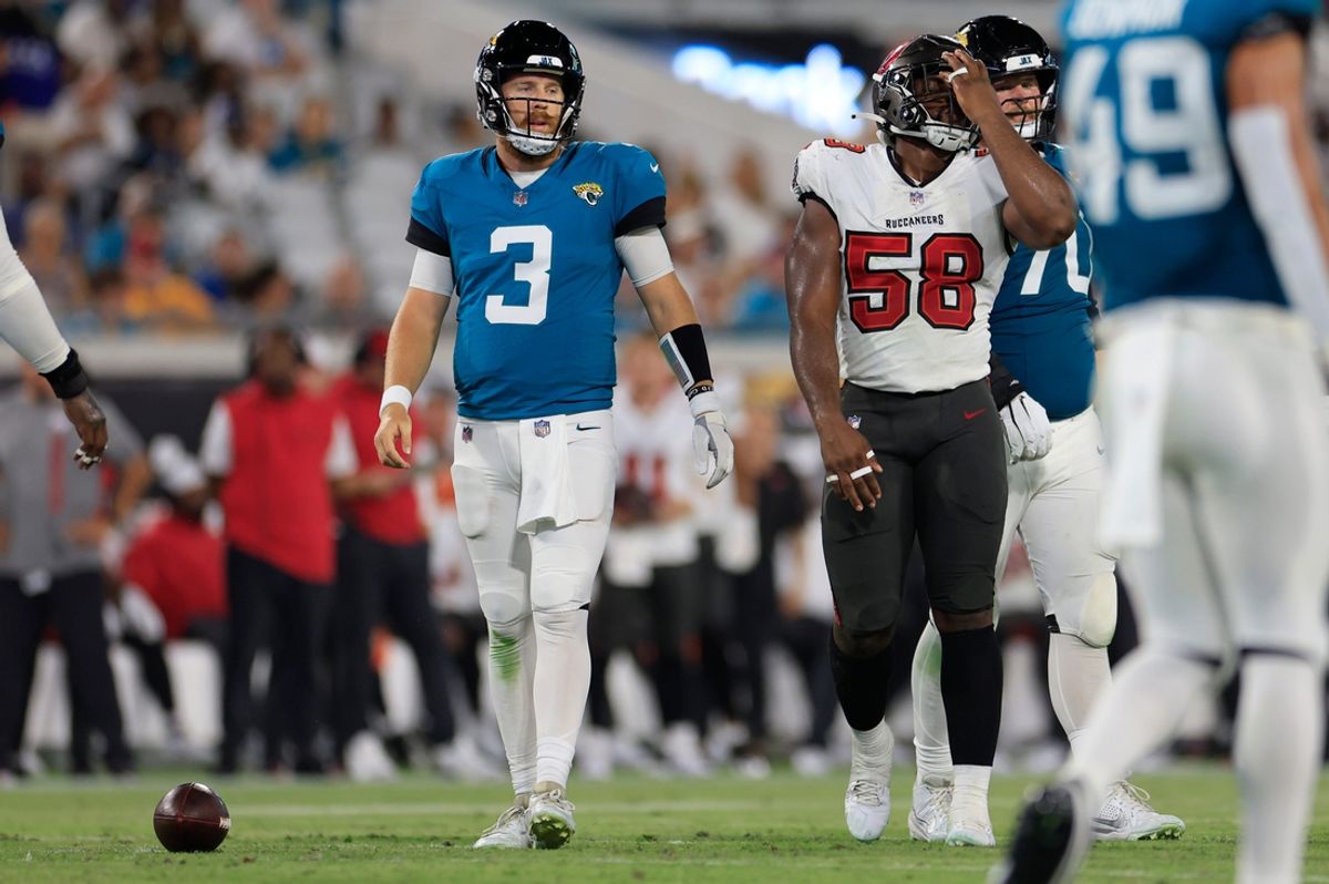 Tampa Bay Buccaneers linebacker Markees Watts (58) reacts to an offsides penalty by a teammate as Jacksonville Jaguars quarterback C.J. Beathard (3) looks on during the third quarter of a preseason NFL football game Saturday, Aug. 17, 2024 at EverBank Stadium in Jacksonville, Fla. The Jacksonville Jaguars defeated the Tampa Bay Buccaneers 20-7. [Corey Perrine/Florida Times-Union]