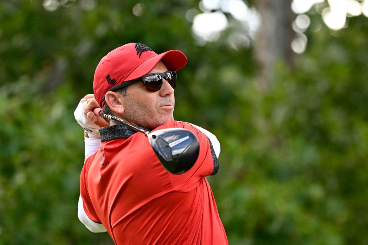 Aug 18, 2024; Greenbrier, West Virginia, USA; Sergio Garcia on the 17th hole at The Old White at the Greenbrier. Mandatory Credit: Bob Donnan-Imagn Images