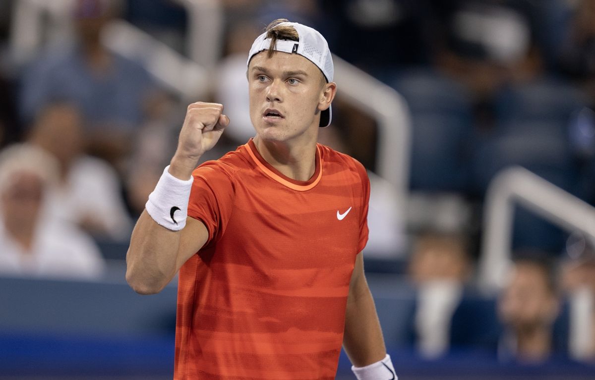 Aug 18 2024; Cincinnati, OH, USA; Holger Rune of Denmark reacts to a point during his match against Frances Tiafoe of the United States on day seven of the Cincinnati Open. Mandatory Credit: Susan Mullane-Imagn Images