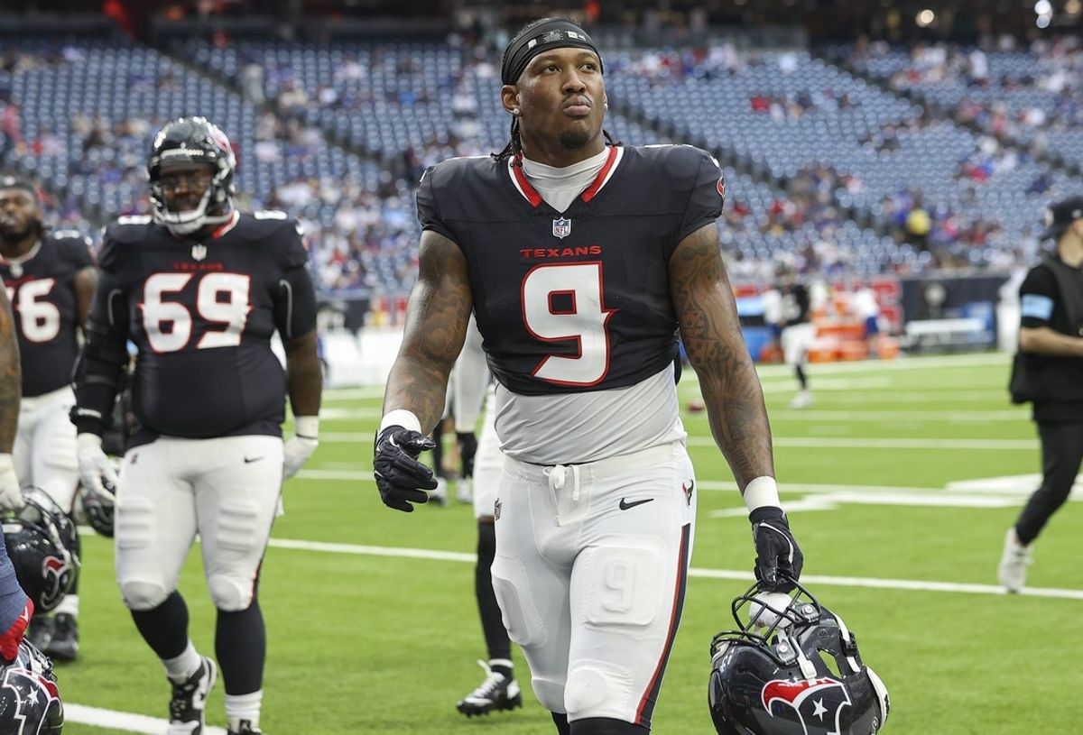 Aug 17, 2024; Houston, Texas, USA; Houston Texans tight end Brevin Jordan (9) before the game against the New York Giants at NRG Stadium. Mandatory Credit: Troy Taormina-Imagn Images