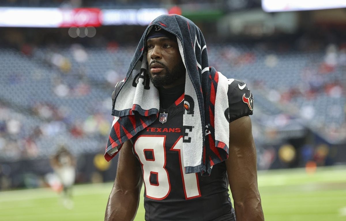 Aug 17, 2024; Houston, Texas, USA; Houston Texans wide receiver Quintez Cephus (81) before the game against the New York Giants at NRG Stadium. Mandatory Credit: Troy Taormina-Imagn Images