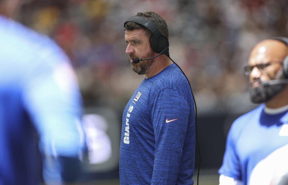 Aug 17, 2024; Houston, Texas, USA; New York Giants tight ends coach Tim Kelly during the game against the Houston Texans at NRG Stadium. Mandatory Credit: Troy Taormina-Imagn Images
