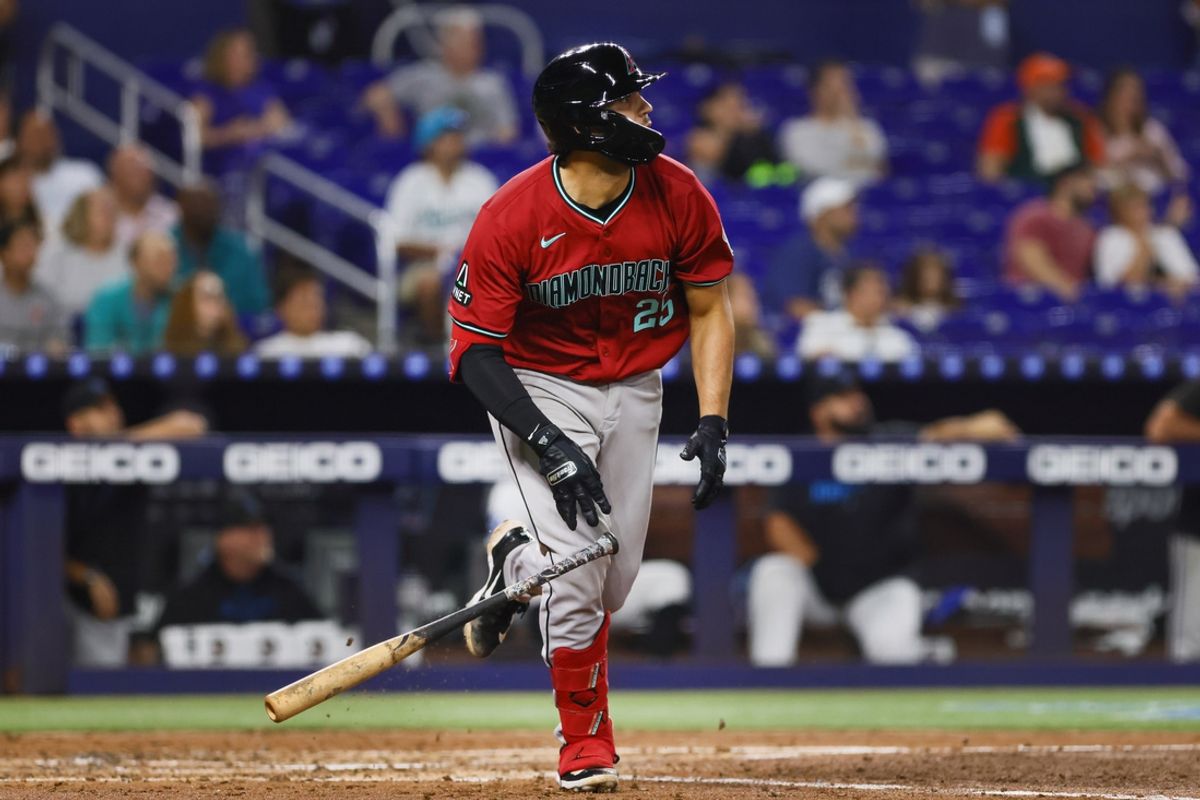 Aug 19, 2024; Miami, Florida, USA; Arizona Diamondbacks catcher Adrian Del Castillo (25) watches after hitting a grand slam against the Miami Marlins during the third inning at loanDepot Park. Mandatory Credit: Sam Navarro-USA TODAY Sports