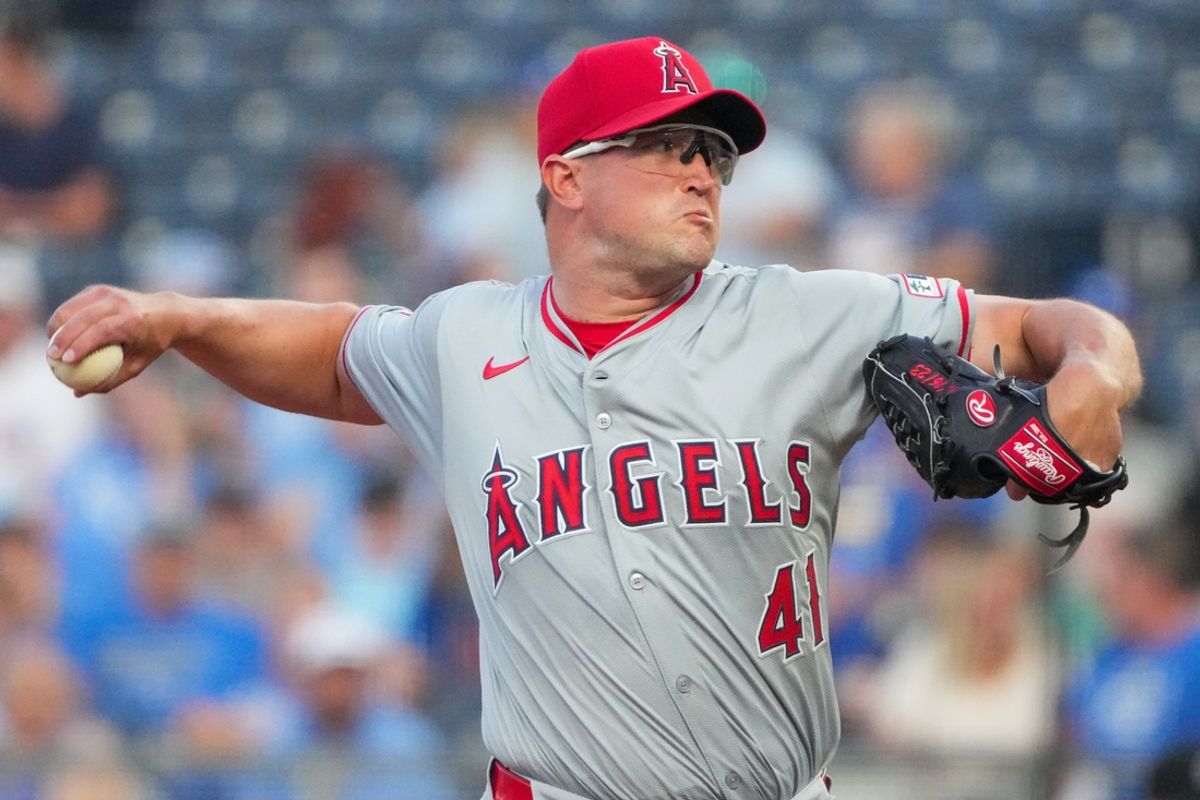 Aug 19, 2024; Kansas City, Missouri, USA; Los Angeles Angels starting pitcher Carson Fulmer (41) delivers a pitch against the Kansas City Royals in the first inning at Kauffman Stadium. Mandatory Credit: Denny Medley-USA TODAY Sports