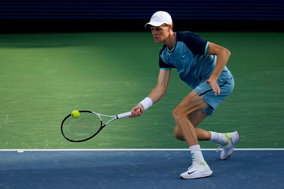 0001 returns a shot in the first set of the men’s championship match of the Cincinnati Open at the Lindner Family Tennis Center in Mason, Ohio, on Monday, Aug. 19, 2024. Jannik Sinner defeated Frances Tiafoe, 7-6, 6-2, in the championship match.