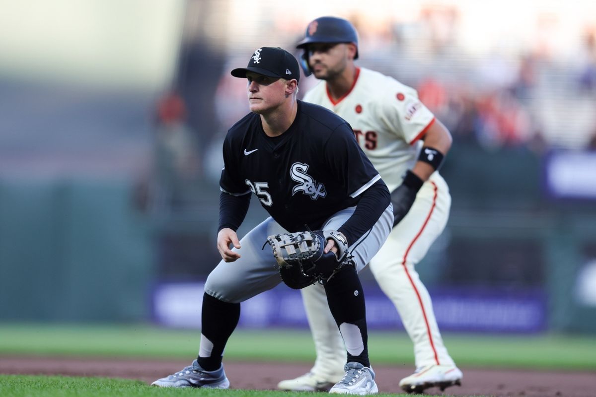 Aug 19, 2024; San Francisco, California, USA; Chicago White Sox first baseman Andrew Vaughn (25) looks on during the second inning against the San Francisco Giants at Oracle Park. Mandatory Credit: Sergio Estrada-USA TODAY Sports