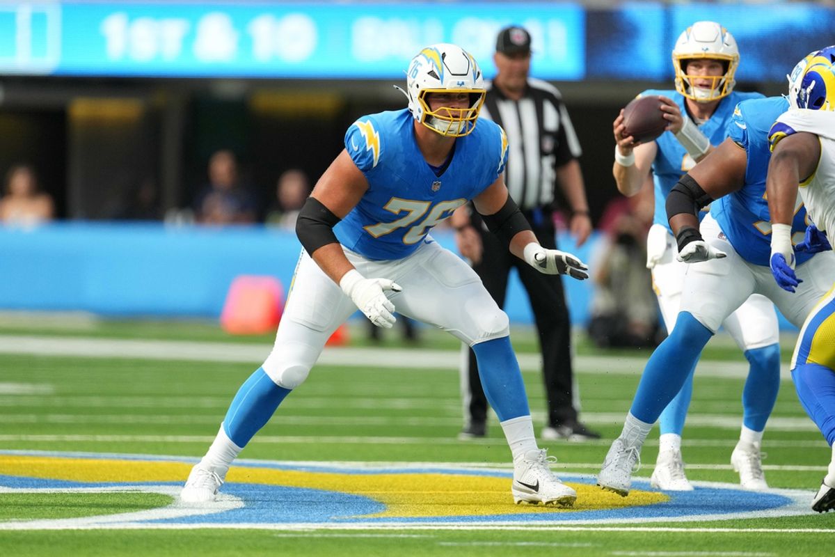 Aug 17, 2024; Inglewood, California, USA; Los Angeles Chargers offensive tackle Joe Alt (76) against the Los Angeles Rams in the first half at SoFi Stadium. Mandatory Credit: Kirby Lee-Imagn Images