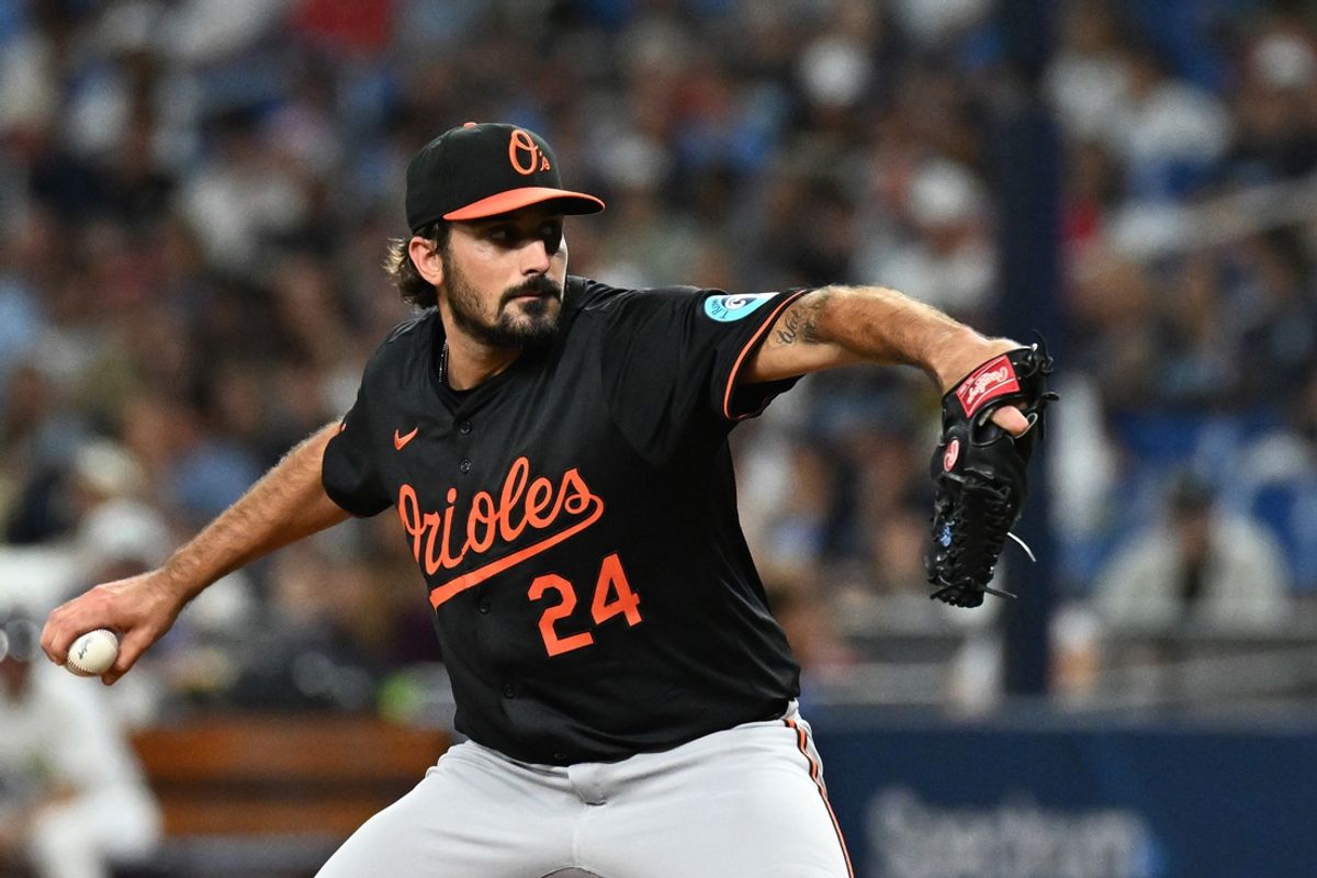 Aug 9, 2024; St. Petersburg, Florida, USA; Baltimore Orioles starting pitcher Zach Eflin (24) throws a pitch in the second inning against the Tampa Bay Rays  at Tropicana Field. Mandatory Credit: Jonathan Dyer-USA TODAY Sports