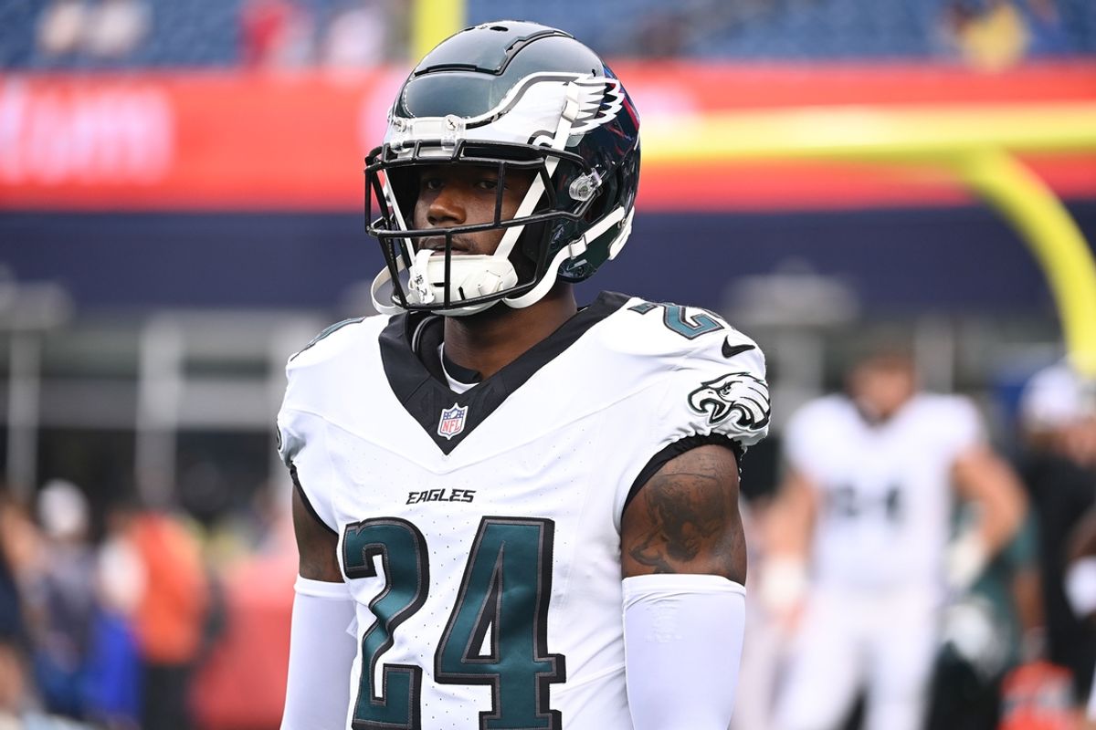Aug 15, 2024; Foxborough, MA, USA; Philadelphia Eagles cornerback James Bradberry IV (24) warms up before a game against the New England Patriots at Gillette Stadium. Mandatory Credit: Eric Canha-Imagn Images