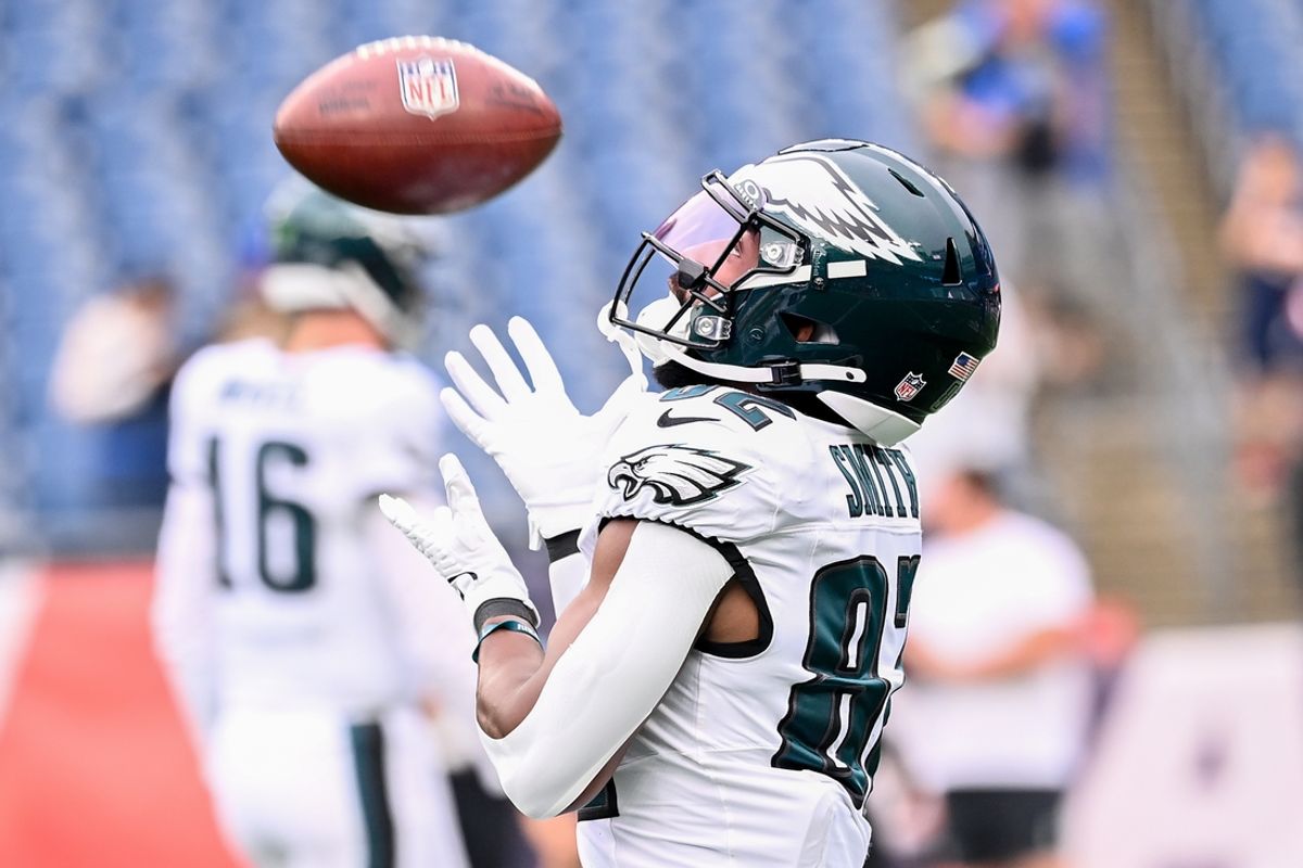 Aug 15, 2024; Foxborough, MA, USA; Philadelphia Eagles cornerback Darius Slay Jr. (2) warms up before a game against the New England Patriots at Gillette Stadium. Mandatory Credit: Eric Canha-Imagn Images