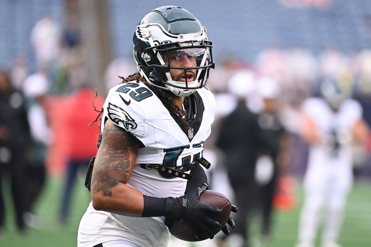 Aug 15, 2024; Foxborough, MA, USA; Philadelphia Eagles cornerback Avonte Maddox (29) warms up before a game against the New England Patriots at Gillette Stadium. Mandatory Credit: Eric Canha-Imagn Images
