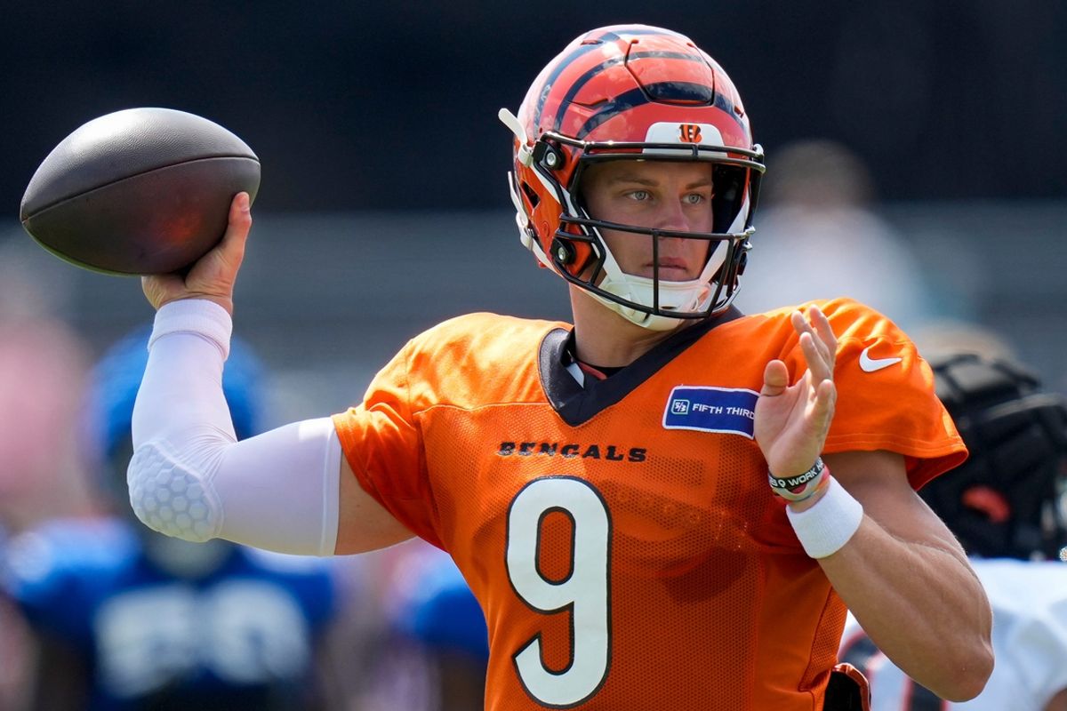 Cincinnati Bengals quarterback Joe Burrow (9) throws a pass during a preseason joint practice at the Paycor Stadium practice facility in downtown Cincinnati on Tuesday, Aug. 20, 2024.