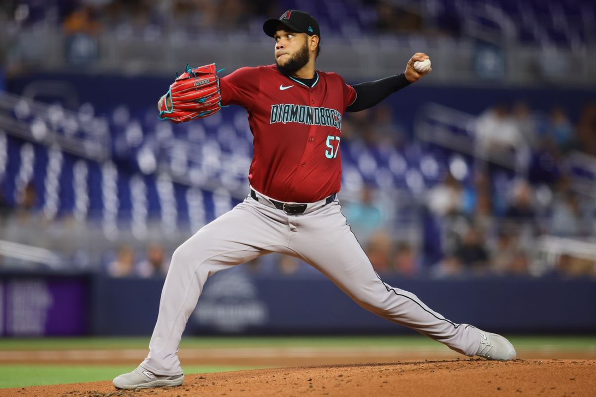 Aug 20, 2024; Miami, Florida, USA; Arizona Diamondbacks starting pitcher Eduardo Rodriguez (57) delivers a pitch against the Miami Marlins during the first inning at loanDepot Park. Mandatory Credit: Sam Navarro-USA TODAY Sports