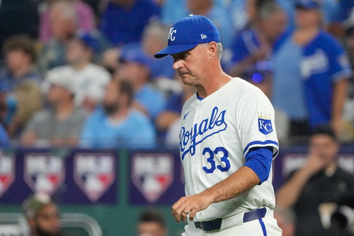 Aug 20, 2024; Kansas City, Missouri, USA; Kansas City Royals manager Matt Quatraro (33) comes to the mound for a pitcher change against the Los Angeles Angels in the seventh inning at Kauffman Stadium. Mandatory Credit: Denny Medley-USA TODAY Sports