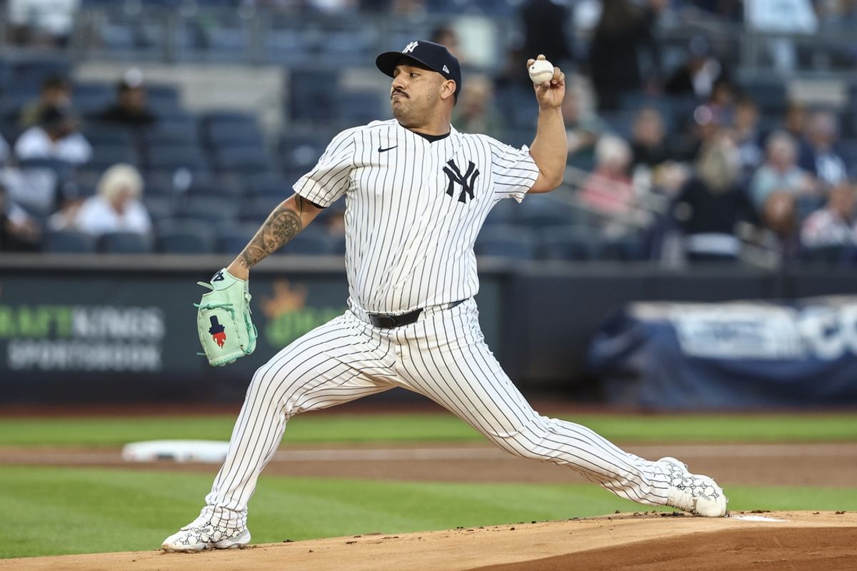 Aug 21, 2024; Bronx, New York, USA;  New York Yankees starting pitcher Nestor Cortes (65) pitches in the first inning against the Cleveland Guardians at Yankee Stadium. Mandatory Credit: Wendell Cruz-Imagn Images