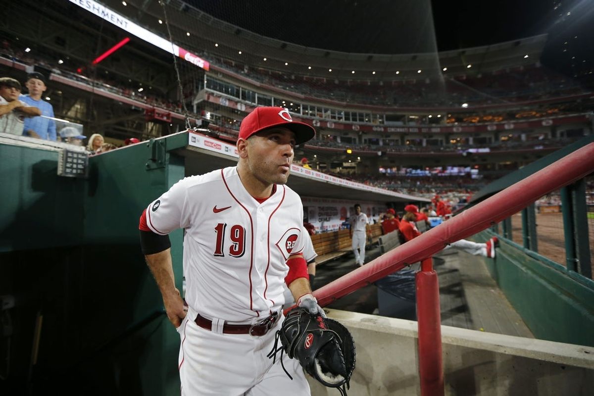 Cincinnati Reds first baseman Joey Votto (19) takes the field for the top of the eighth inning of the MLB National League game between the Cincinnati Reds and the San Diego Padres at Great American Ball Park in downtown Cincinnati on Thursday, July 1, 2021. The Reds won 5-4 on a walk-off single, with the bases loaded, off the bat of Tyler Stephenson.