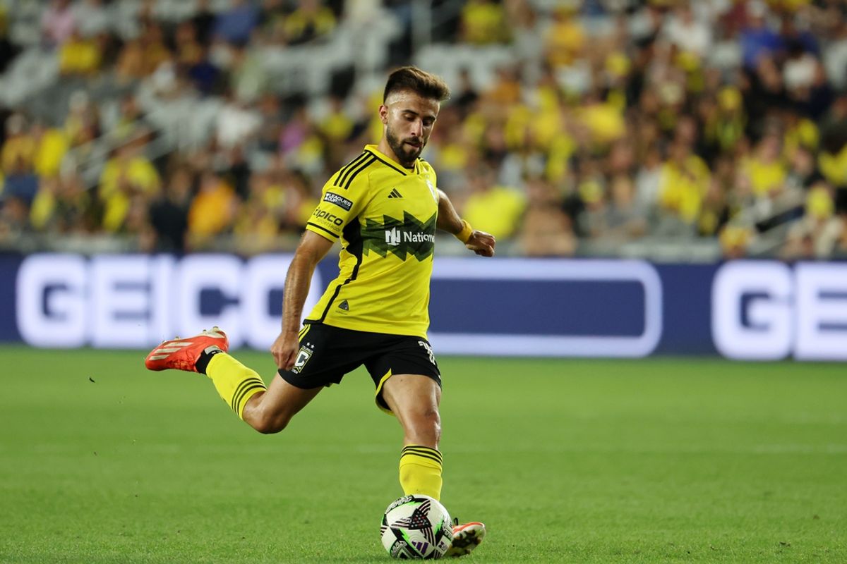 Aug 21, 2024; Columbus, Ohio, USA; Columbus Crew forward Diego Rossi (10) kicks the ball against the Philadelphia Union during the second half in a Leagues Cup semifinal match at Lower.com Field. Mandatory Credit: Trevor Ruszkowski-USA TODAY Sports