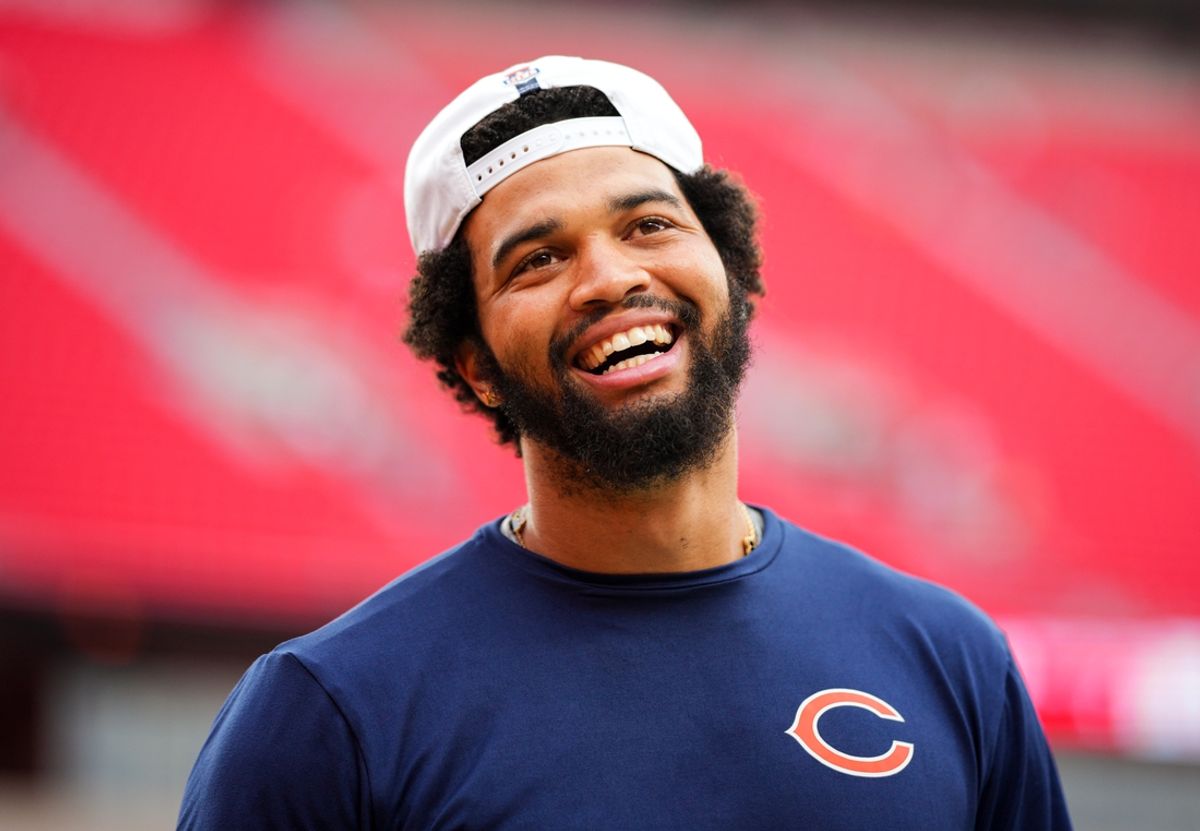 Chicago Bears quarterback Caleb Williams (18) warms up prior to a game against the Kansas City Chiefs at GEHA Field at Arrowhead Stadium. Mandatory Credit: Jay Biggerstaff-USA TODAY Sports