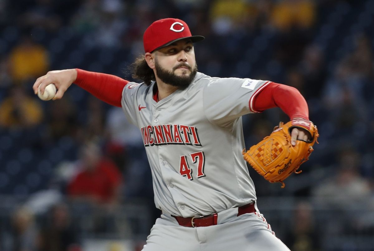Aug 22, 2024; Pittsburgh, Pennsylvania, USA;  Cincinnati Reds relief pitcher Jakob Junis (47) pitches against the Pittsburgh Pirates during the fifth inning at PNC Park. Mandatory Credit: Charles LeClaire-Imagn Images