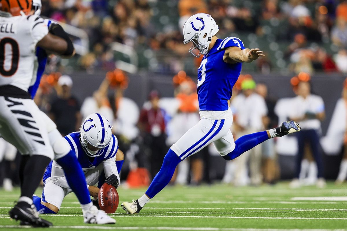 Aug 22, 2024; Cincinnati, Ohio, USA; Indianapolis Colts kicker Spencer Shrader (3) kicks a field goal against the Cincinnati Bengals in the second half at Paycor Stadium. Mandatory Credit: Katie Stratman-Imagn Images