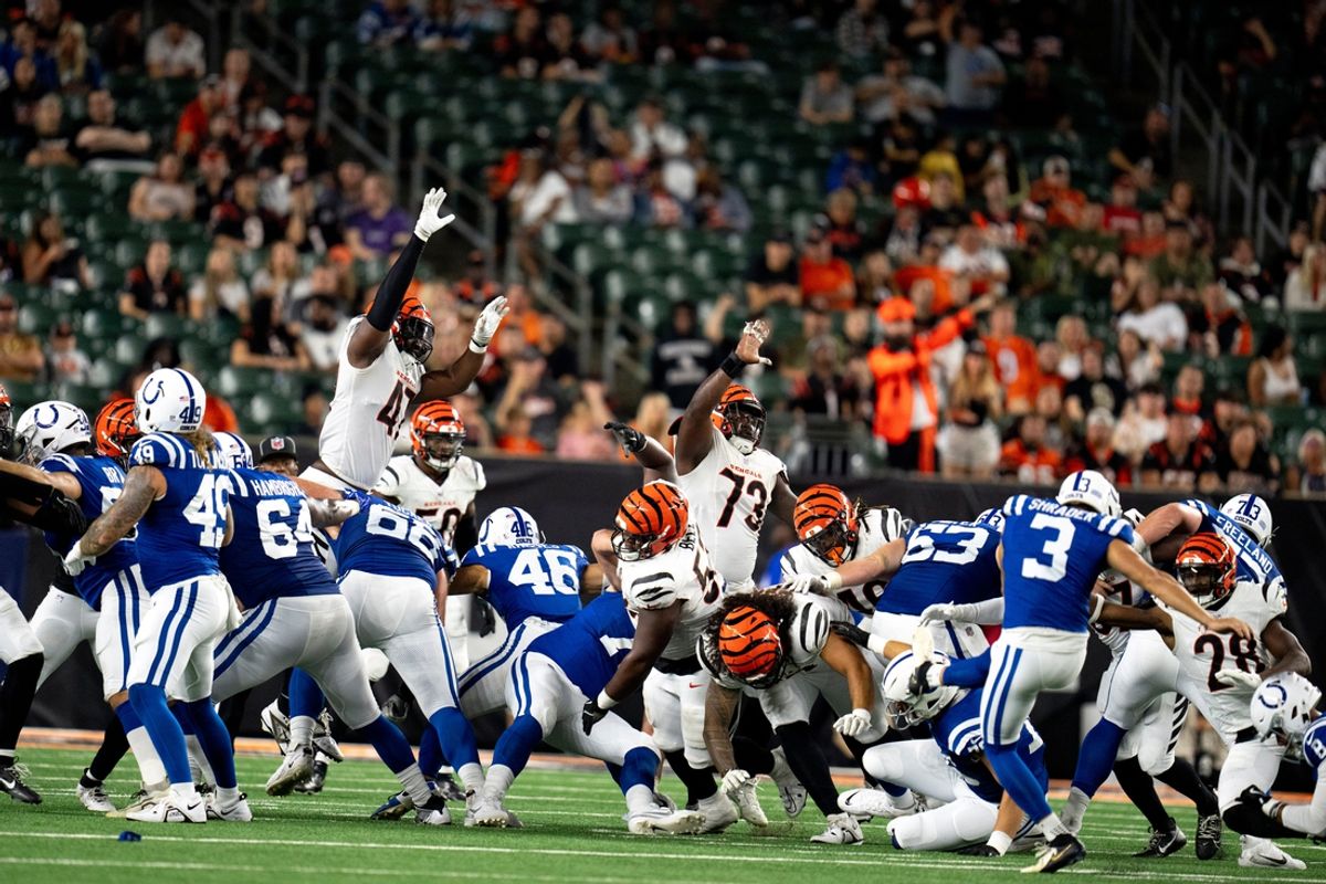 Indianapolis Colts kicker Spencer Shrader (3) kicks a field goal in the fourth quarter of the NFL preseason game at Paycor Stadium in Cincinnati on Thursday, Aug. 22, 2024.
