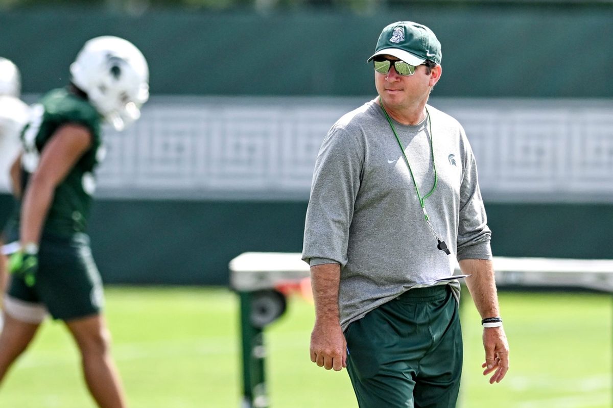 Michigan State's head coach Jonathan Smith watches over the action during the first day of football camp on Tuesday, July 30, 2024, in East Lansing.