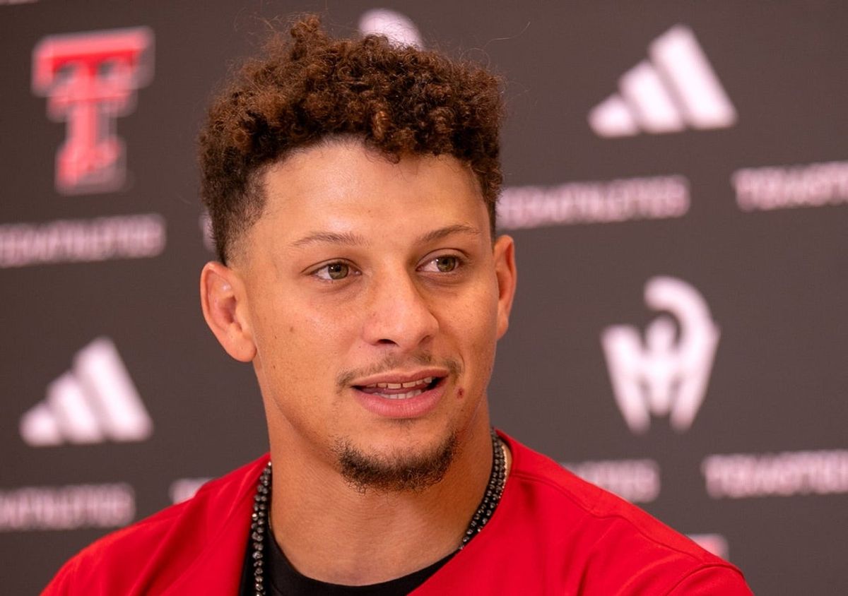 Texas Tech alum and Kansas City Chiefs quarterback Patrick Mahomes attends a press conference at Jones AT&T Stadium, Friday, August 23, 2024.