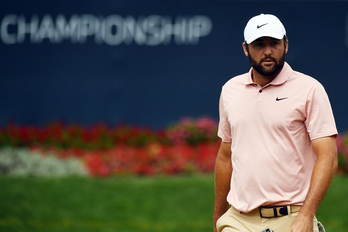 Aug 23, 2024; Castle Rock, Colorado, USA; Scottie Scheffler after making a putt on the 15th hole during the second round of the BMW Championship golf tournament at Castle Pines Golf Club. Mandatory Credit: Christopher Hanewinckel-USA TODAY Sports
