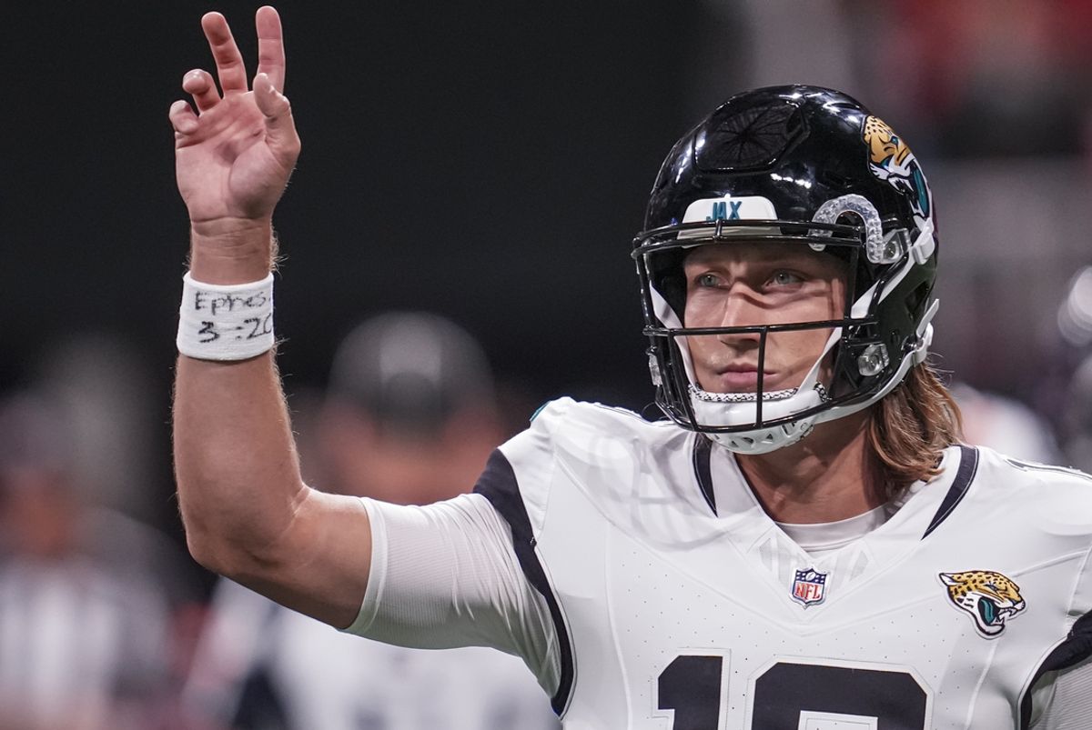 Jacksonville Jaguars quarterback Trevor Lawrence (16) gestures on the field during the game against the Atlanta Falcons during the first half at Mercedes-Benz Stadium. Mandatory Credit: Dale Zanine-USA TODAY Sports