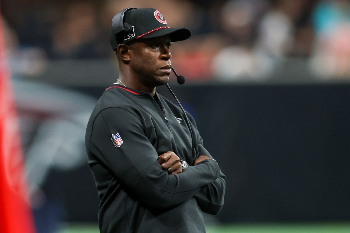 Aug 23, 2024; Atlanta, Georgia, USA; Atlanta Falcons head coach Raheem Morris on the sideline against the Jacksonville Jaguars in the second quarter at Mercedes-Benz Stadium. Mandatory Credit: Brett Davis-Imagn Images
