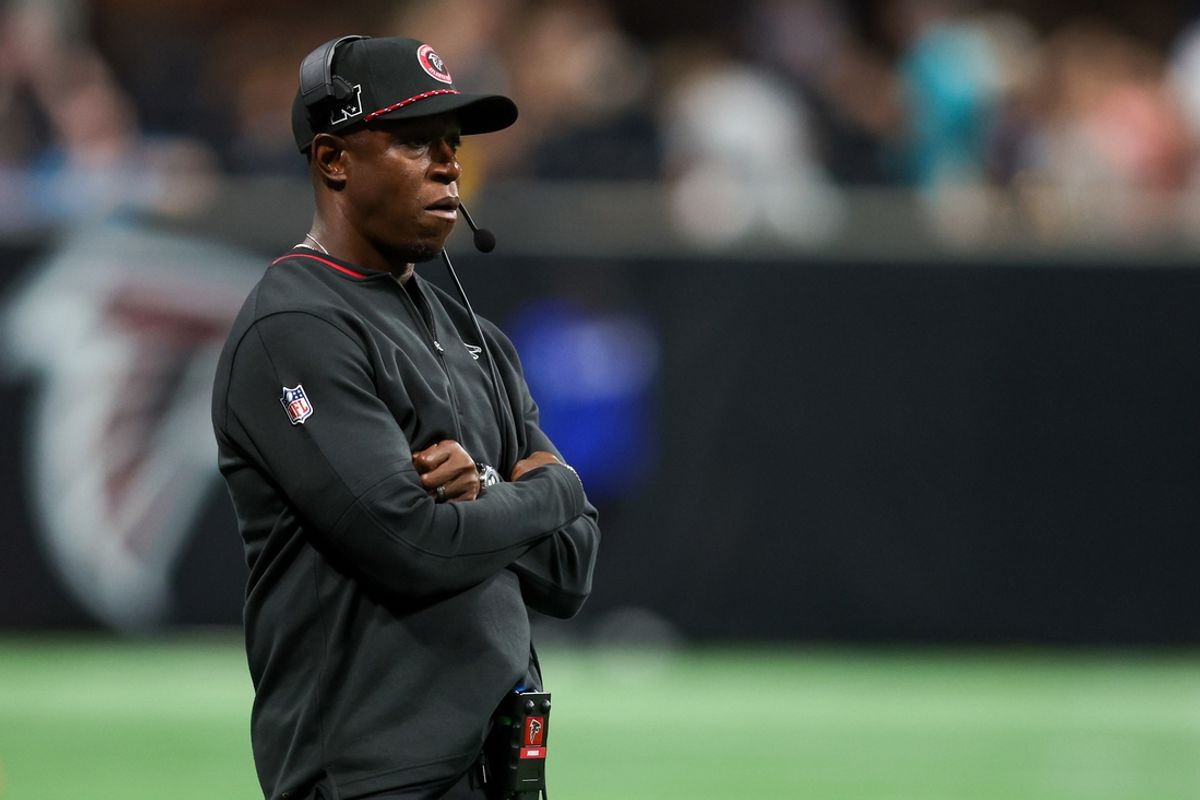 Aug 23, 2024; Atlanta, Georgia, USA; Atlanta Falcons head coach Raheem Morris on the sideline against the Jacksonville Jaguars in the second quarter at Mercedes-Benz Stadium. Mandatory Credit: Brett Davis-Imagn Images