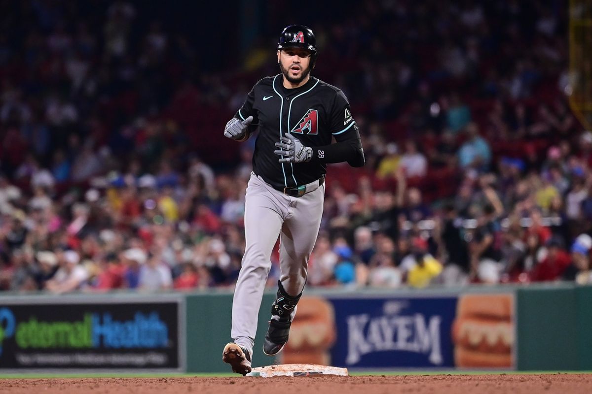 Aug 23, 2024; Boston, Massachusetts, USA; Arizona Diamondbacks third baseman Eugenio Suarez (28) runs the bases after hitting a grand slam during the seventh inning against the Arizona Diamondbacks at Fenway Park. Mandatory Credit: Eric Canha-USA TODAY Sports