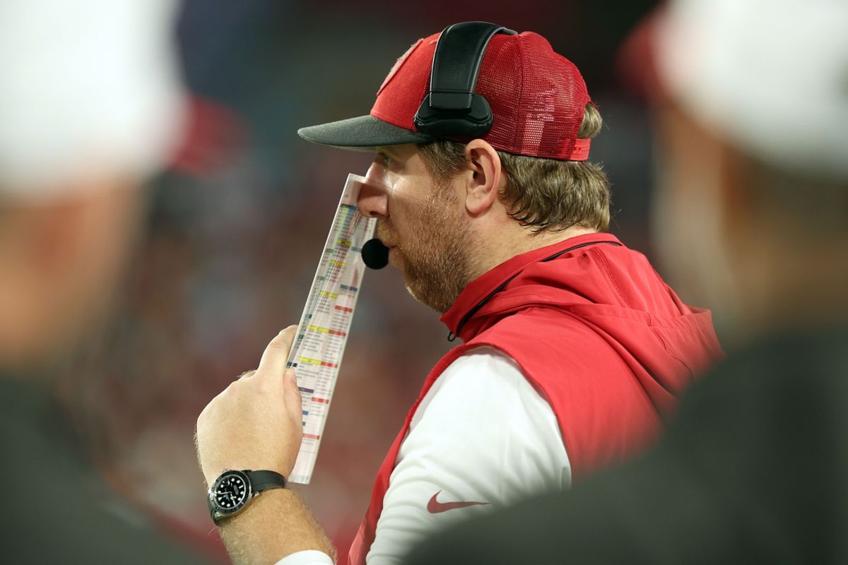 Aug 23, 2024; Tampa, Florida, USA; Tampa Bay Buccaneers  offensive coordinator Liam Coen against the Miami Dolphins during the second quarter at Raymond James Stadium. Mandatory Credit: Kim Klement Neitzel-Imagn Images