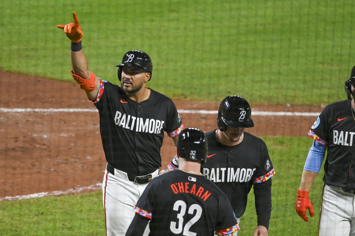 Aug 23, 2024; Baltimore, Maryland, USA;  Baltimore Orioles right fielder Anthony Santander (25) reacts after hitting a eighth inning grand slam against the Houston Astros at Oriole Park at Camden Yards. Mandatory Credit: Tommy Gilligan-USA TODAY Sports