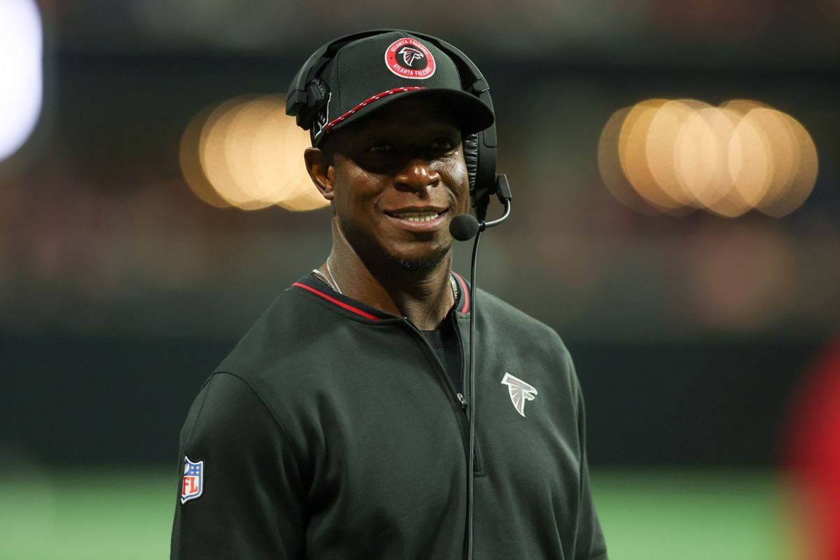 Aug 23, 2024; Atlanta, Georgia, USA; Atlanta Falcons head coach Raheem Morris on the sideline against the Jacksonville Jaguars in the second half at Mercedes-Benz Stadium. Mandatory Credit: Brett Davis-USA TODAY Sports