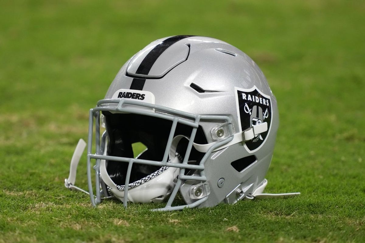 Aug 23, 2024; Paradise, Nevada, USA; A Las Vegas Raiders Riddell speedflex helmet on the field at Allegiant Stadium. Mandatory Credit: Kirby Lee-Imagn Images