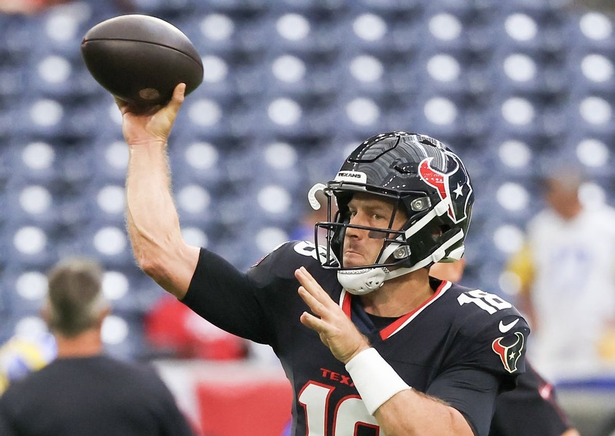 Aug 24, 2024; Houston, Texas, USA;  Houston Texans quarterback Case Keenum (18) warms up before playing  against the Los Angeles Rams at NRG Stadium. Mandatory Credit: Thomas Shea-Imagn Images