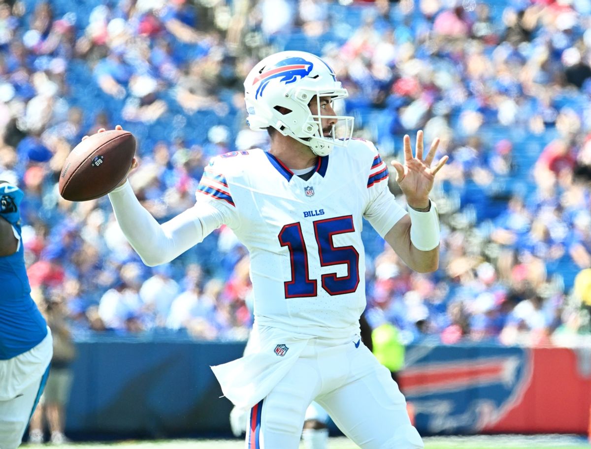 Aug 24, 2024; Orchard Park, New York, USA; Buffalo Bills quarterback Ben DiNucci (15) throws a pass in the second quarter pre-season game against the Carolina Panthers at Highmark Stadium. Mandatory Credit: Mark Konezny-Imagn Images