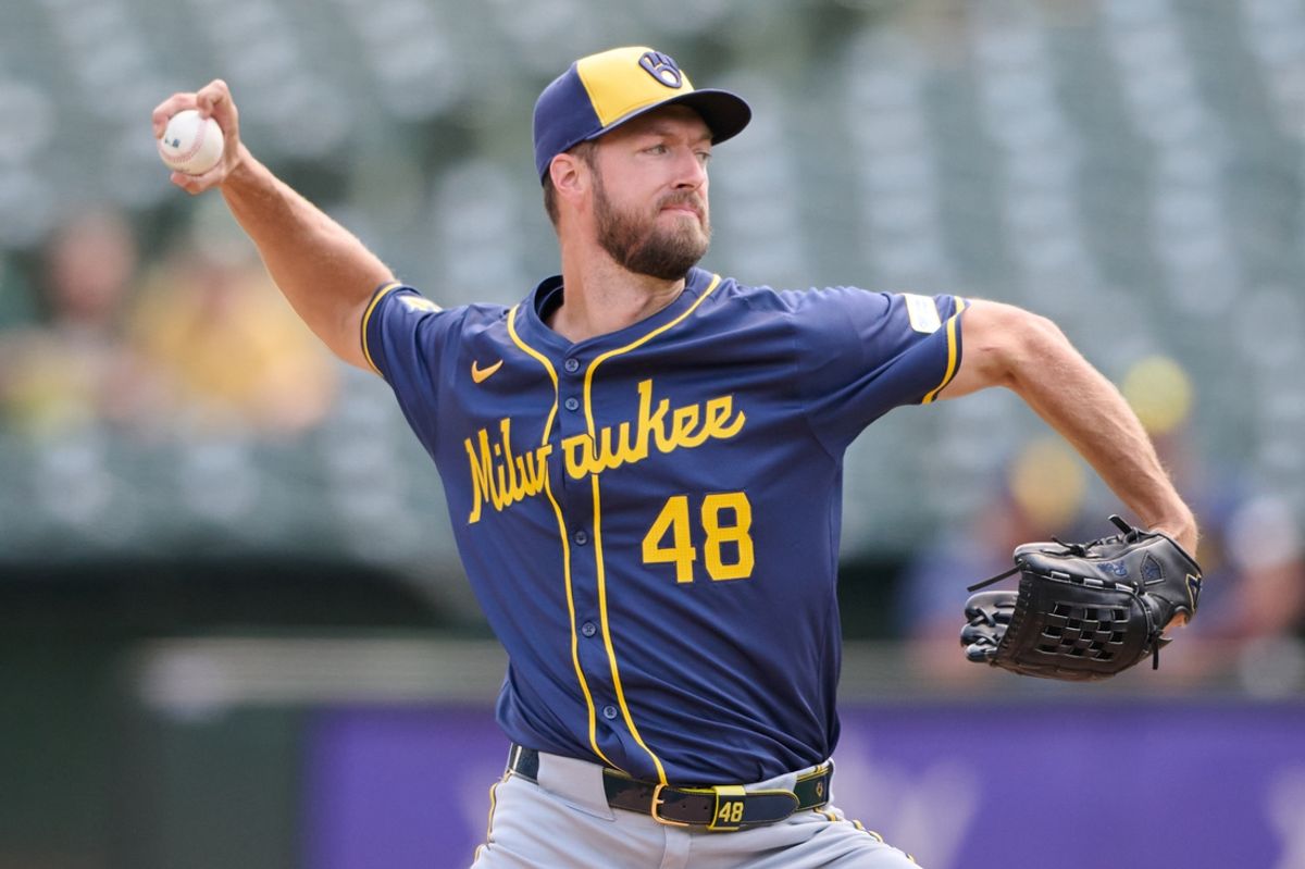 Aug 24, 2024; Oakland, California, USA; Milwaukee Brewers starting pitcher Colin Rea (48) throws a pitch against the Oakland Athletics during the first inning at Oakland-Alameda County Coliseum. Mandatory Credit: Robert Edwards-Imagn Images