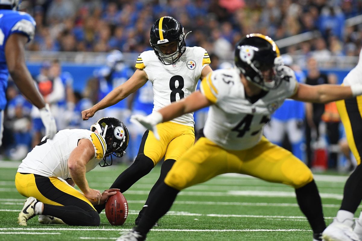 Aug 24, 2024; Detroit, Michigan, USA; Pittsburgh Steelers place kicker Matthew Wright (8) kicks a field goal against the Detroit Lions in the third quarter at Ford Field. Mandatory Credit: Lon Horwedel-Imagn Images