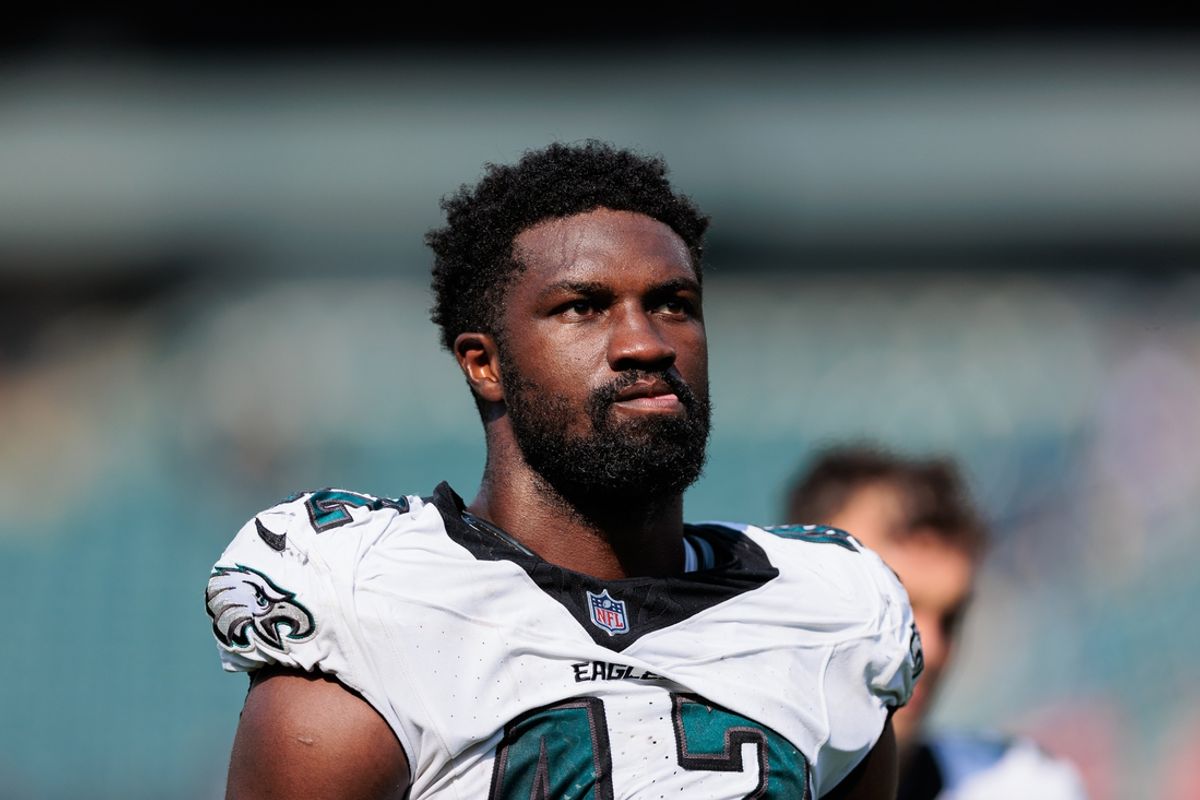 Aug 24, 2024; Philadelphia, Pennsylvania, USA; Philadelphia Eagles linebacker Oren Burks (42) walks off the field after the game against the Minnesota Vikings at Lincoln Financial Field. Mandatory Credit: Caean Couto-Imagn Images